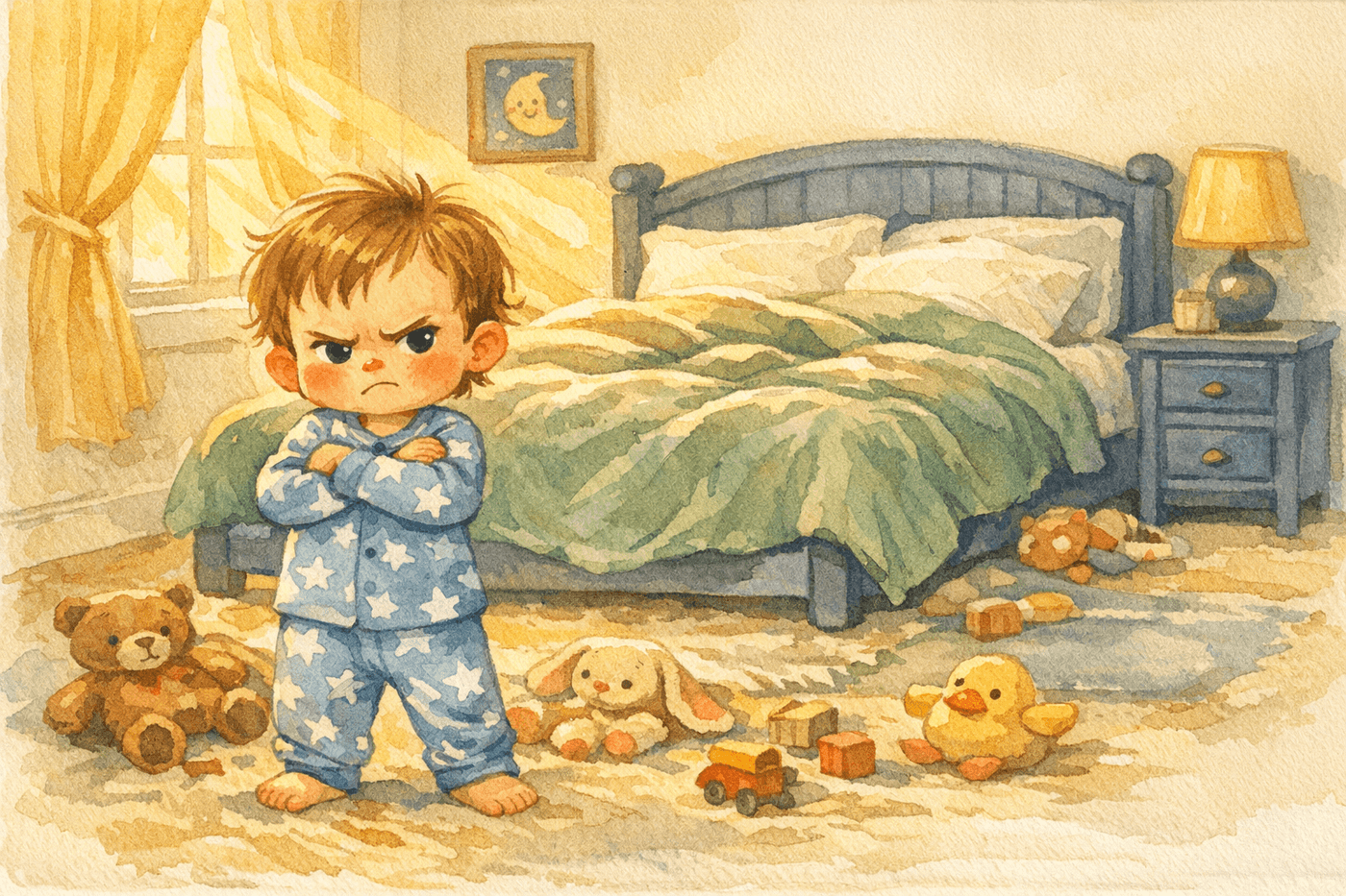 Child crossing their arms while standing in bedroom