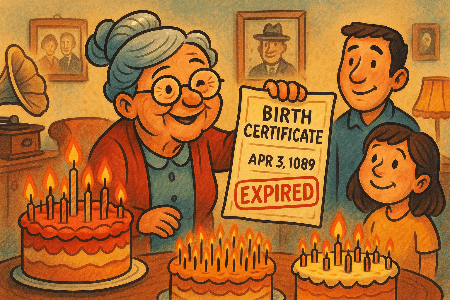 A cartoon elderly grandmother character looking at a very old birth certificate with magnifying glass