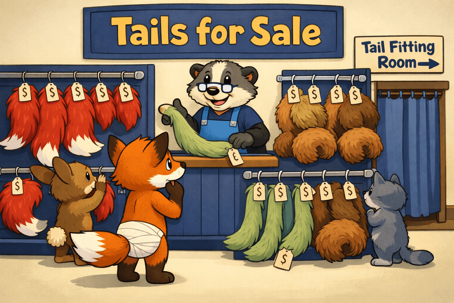 A cartoon animal shopping for a replacement tail at a store