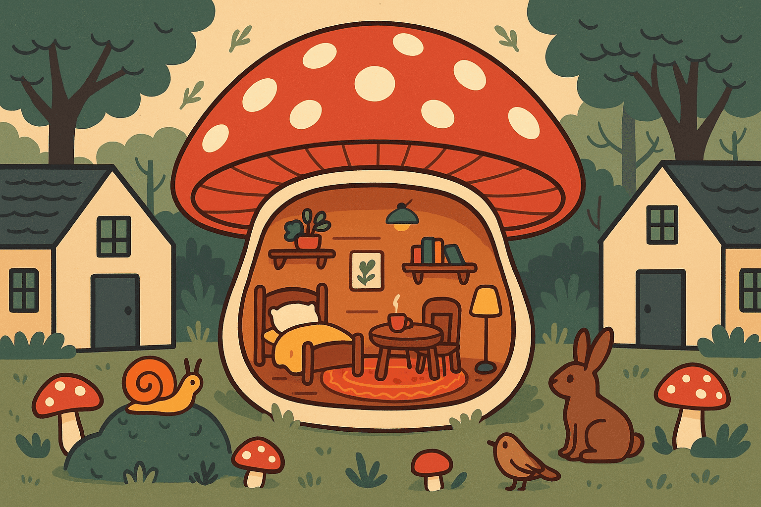 A cartoon giant mushroom with a cozy interior setup like furniture and decorations, surrounded by regular house rooms with doors and windows, emphasizing that the mushroom room has neither doors nor windows