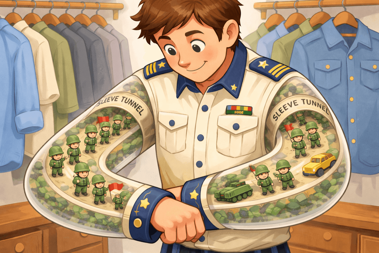 A cartoon shirt with tiny army soldiers marching inside the sleeves