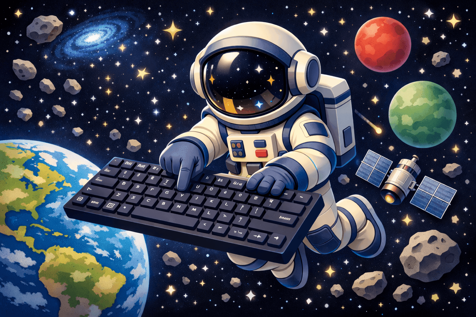 A cartoon astronaut floating in space using a keyboard with emphasis on the space bar