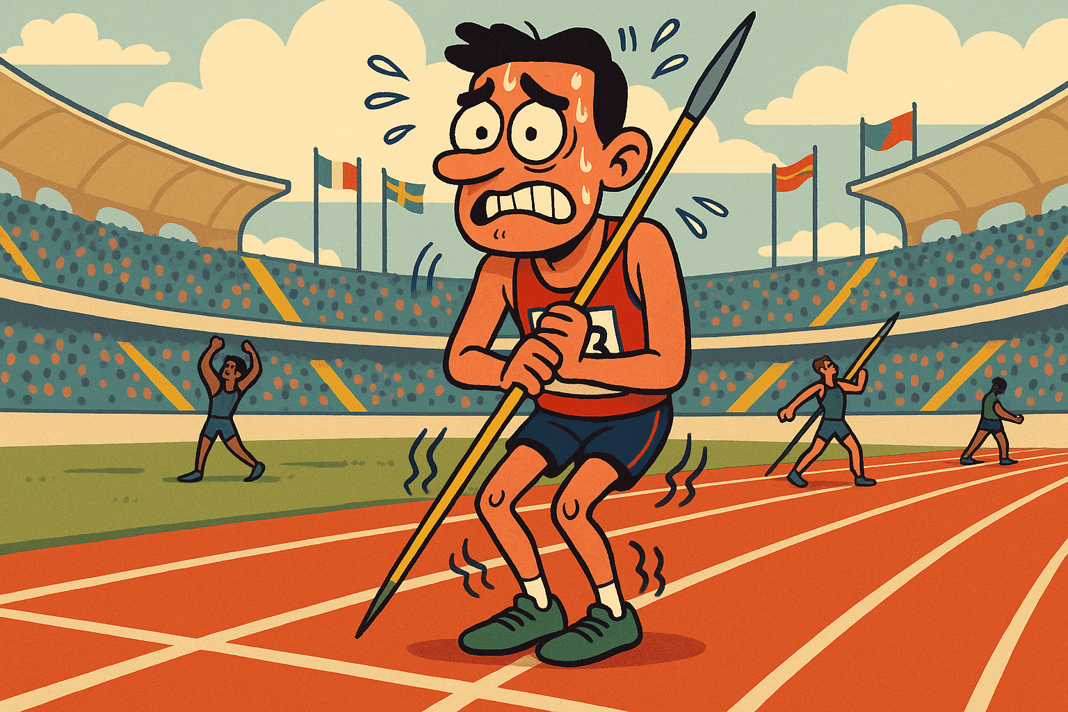 Cartoon illustration of a nervous athletic person in track and field uniform holding a javelin with shaky hands, standing on an Olympic-style stadium track with lane markings, their knees knocking together comically, stadium bleachers and flags in background, other confident athletes warming up nearby in cream, dark blue-gray, sage green, yellow, and bright red colors
