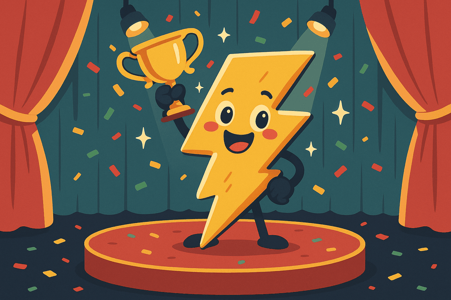 Cartoon illustration of a cheerful lightning bolt character on an award ceremony stage, holding a golden trophy, with spotlights and confetti, in a playful family-friendly style with prominent colors cream, dark blue-gray, sage green, yellow, and bright red