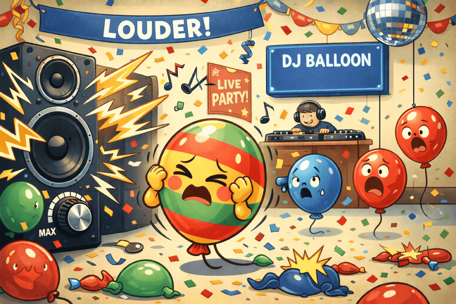 A cartoon balloon covering its ears near speakers playing pop music