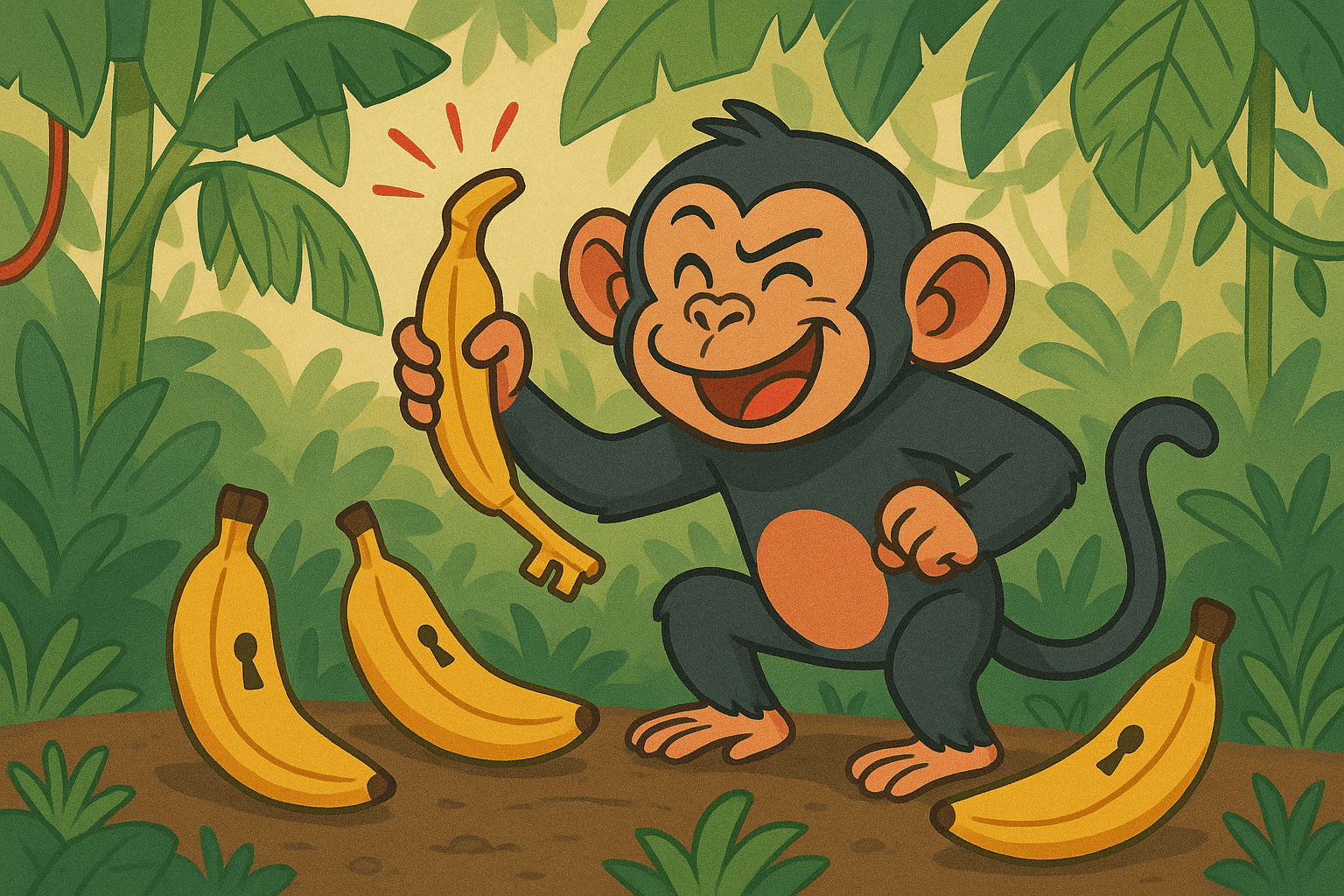 A cartoon monkey holding a banana like a key and pretending to unlock it, while other bananas sit nearby looking like they need to be opened, set in a tropical jungle environment