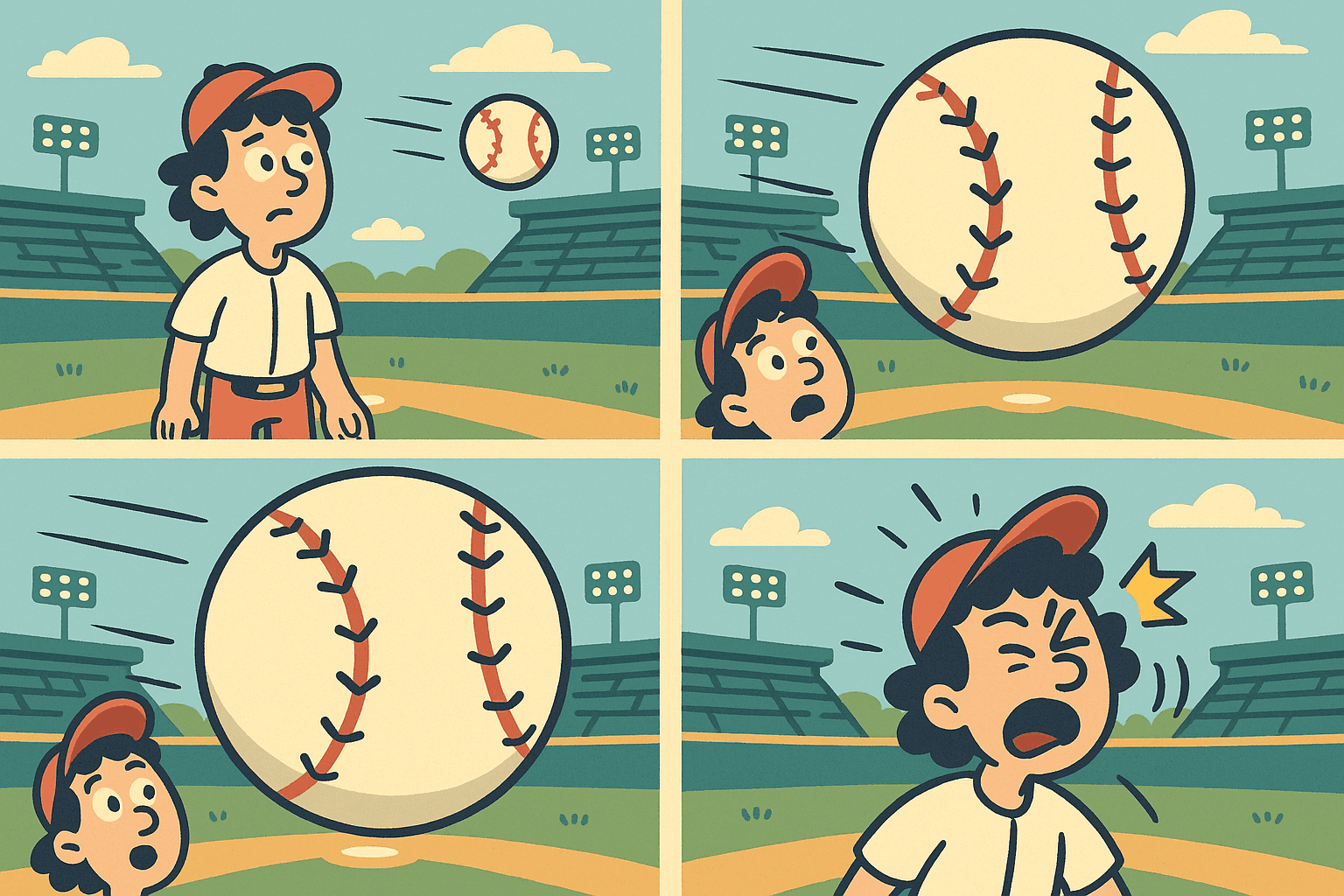 A cartoon person with a confused expression looking at a baseball that appears to be getting progressively larger as it approaches, with motion lines and a moment of realization on their face