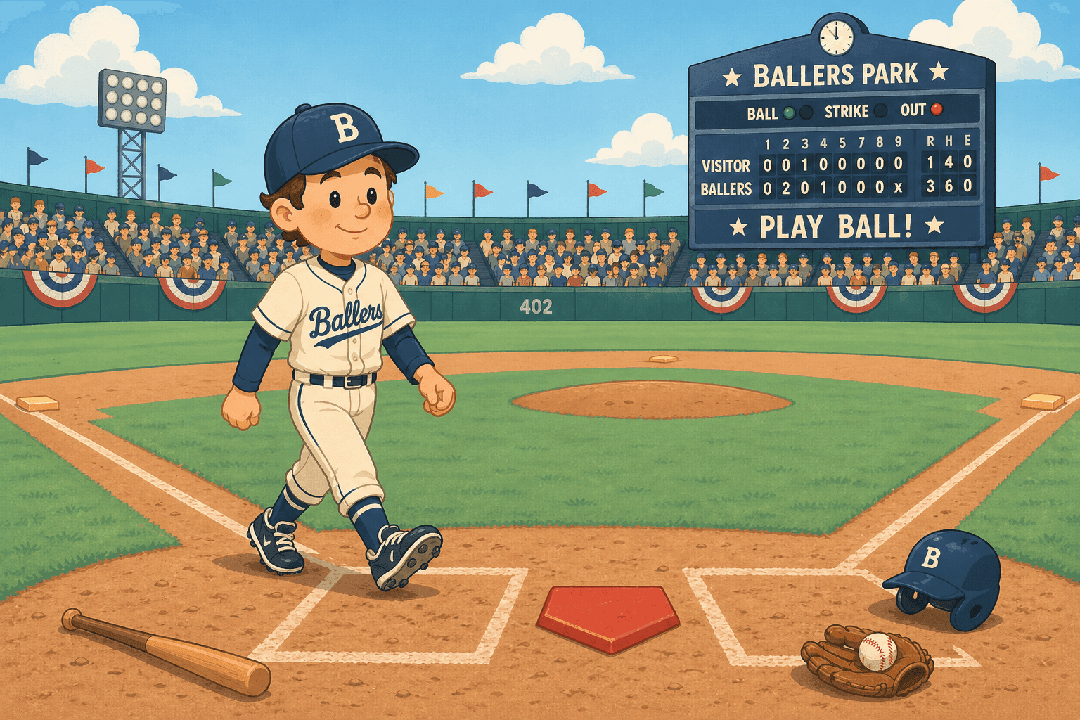 A cartoon baseball player on a field with bases marked