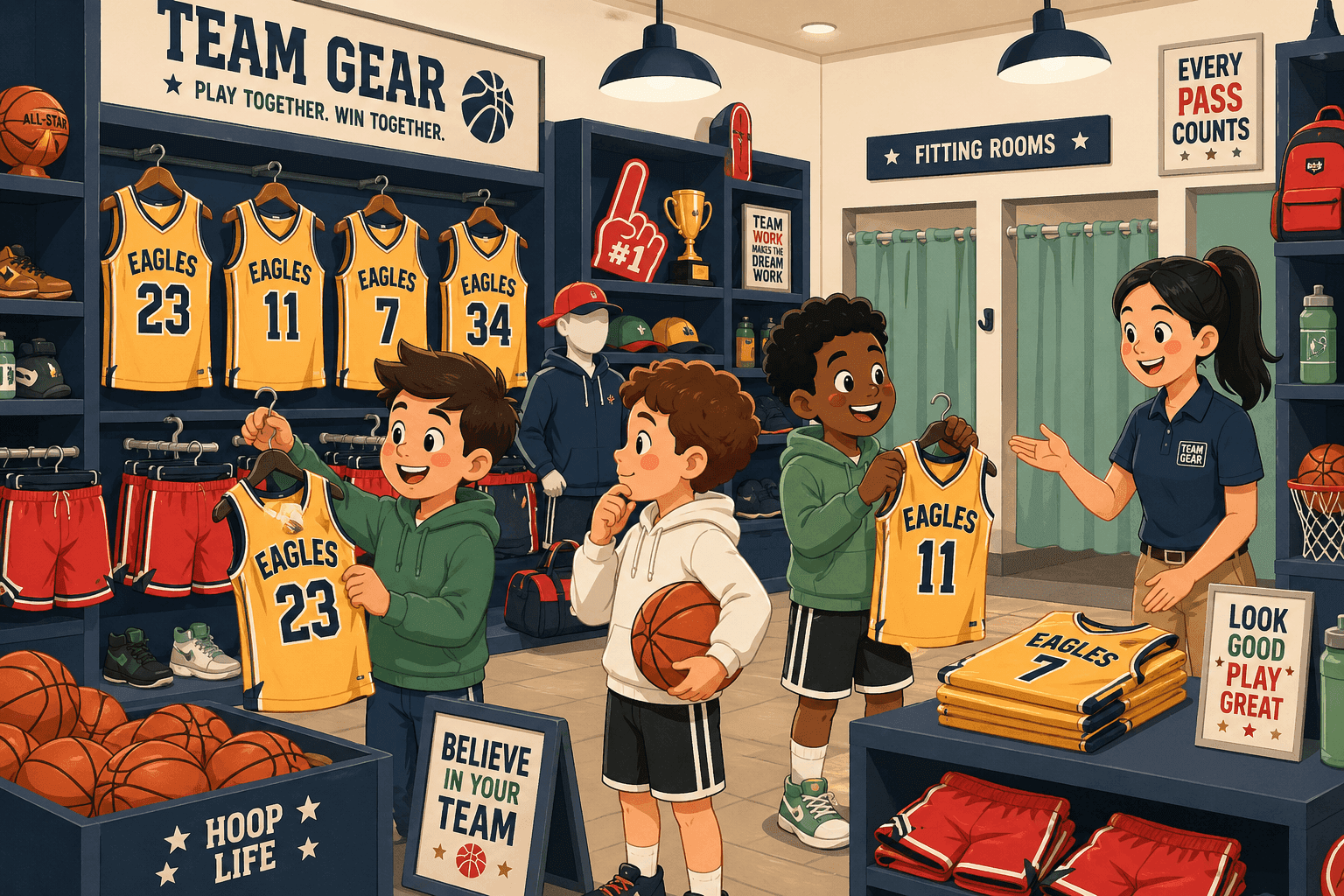 Cartoon basketball players shopping with jerseys on display
