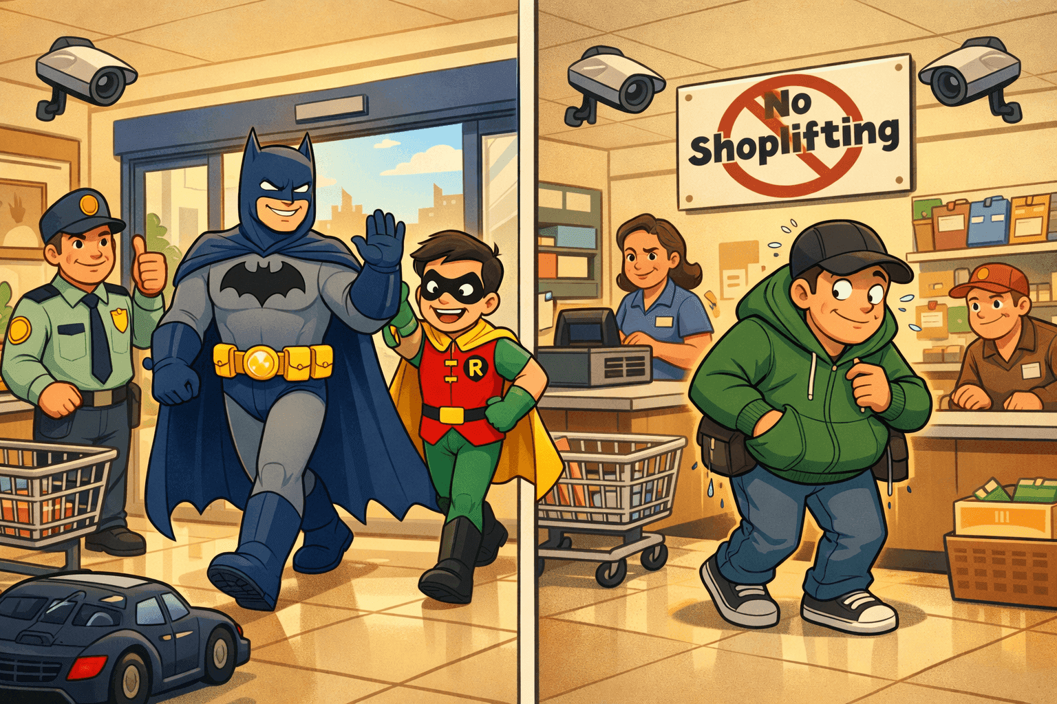 A cartoon Batman entering a store while a shoplifter looks guilty without Robin