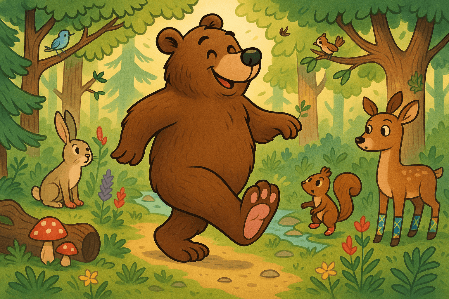 Cartoon illustration of a cheerful brown bear walking through forest with visible bare paws, other animals wearing tiny socks looking on, woodland setting with trees and flowers in cream, dark blue-gray, sage green, yellow, and bright red colors