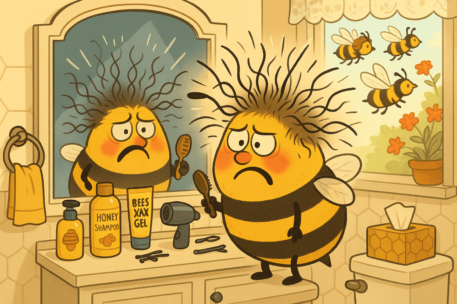 Cartoon illustration of a frustrated bee with wild frizzy hair sticking up in all directions looking in mirror, hairbrush in hand, bathroom vanity with styling products, other neat bees flying by outside window in cream, dark blue-gray, sage green, yellow, and bright red colors
