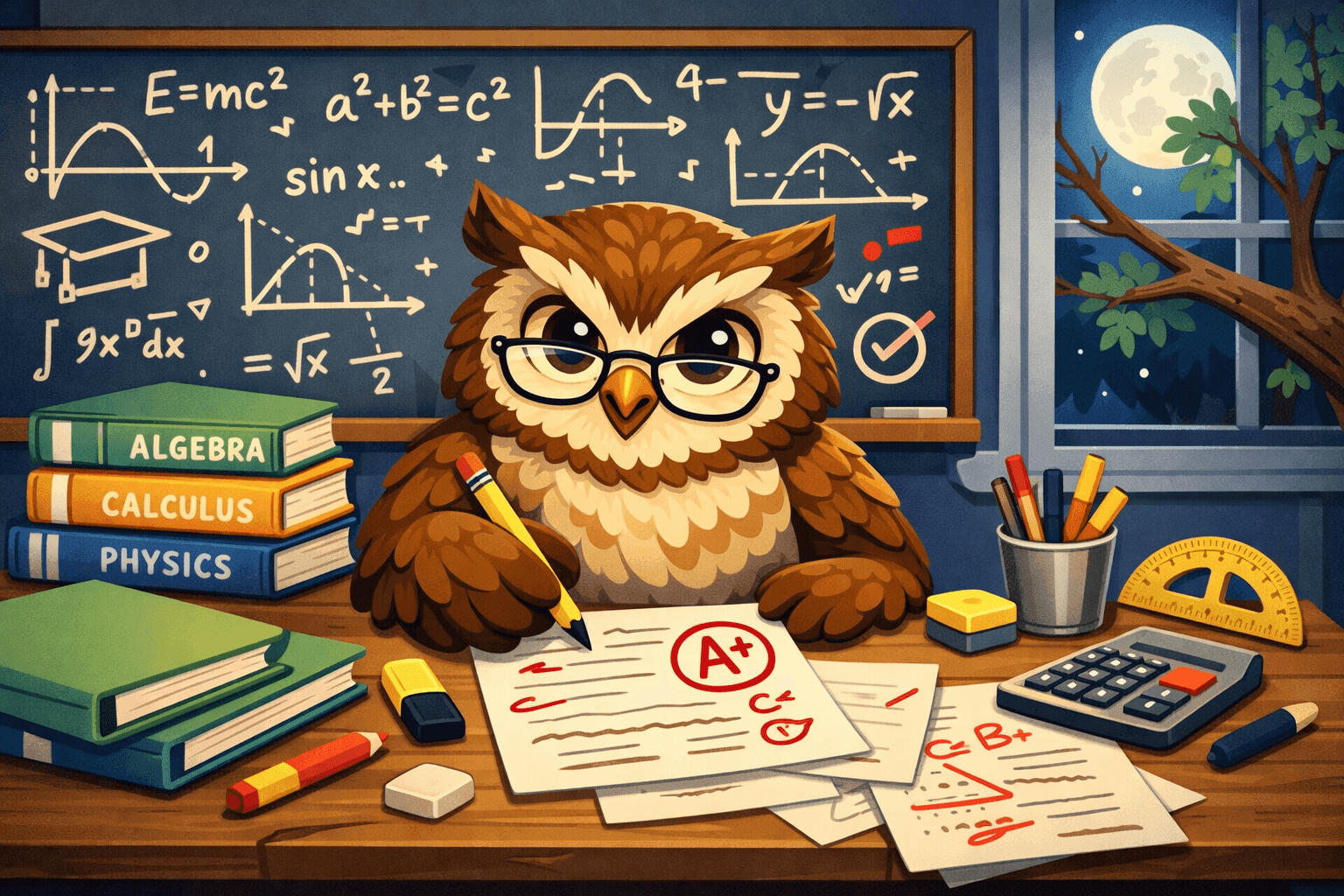 A cartoon owl perched at a desk with math books and equations