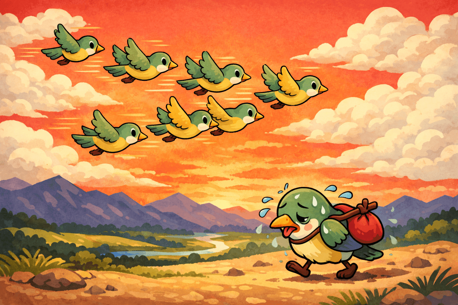 Cartoon birds flying in V-formation with one bird walking far below