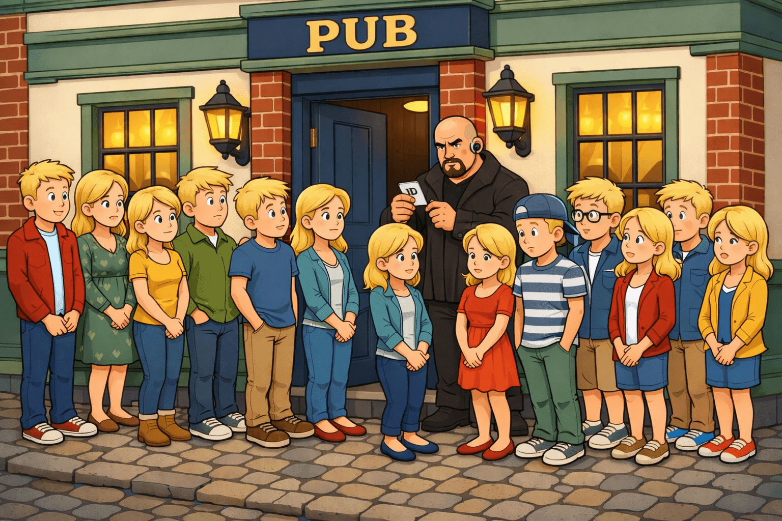 Seventeen cartoon blonde people lined up outside a pub with an 18+ sign