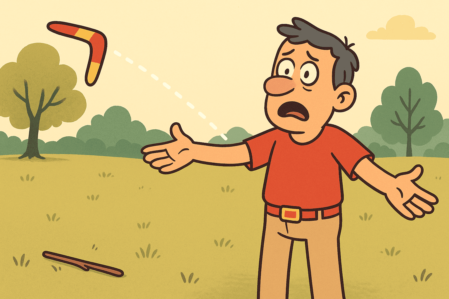 A humorous cartoon illustration of a disappointed person throwing a boomerang that flies away in a straight line and never returns, landing on the ground like an ordinary stick