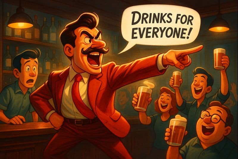 A cartoon man at a bar pointing and ordering drinks for everyone in the establishment