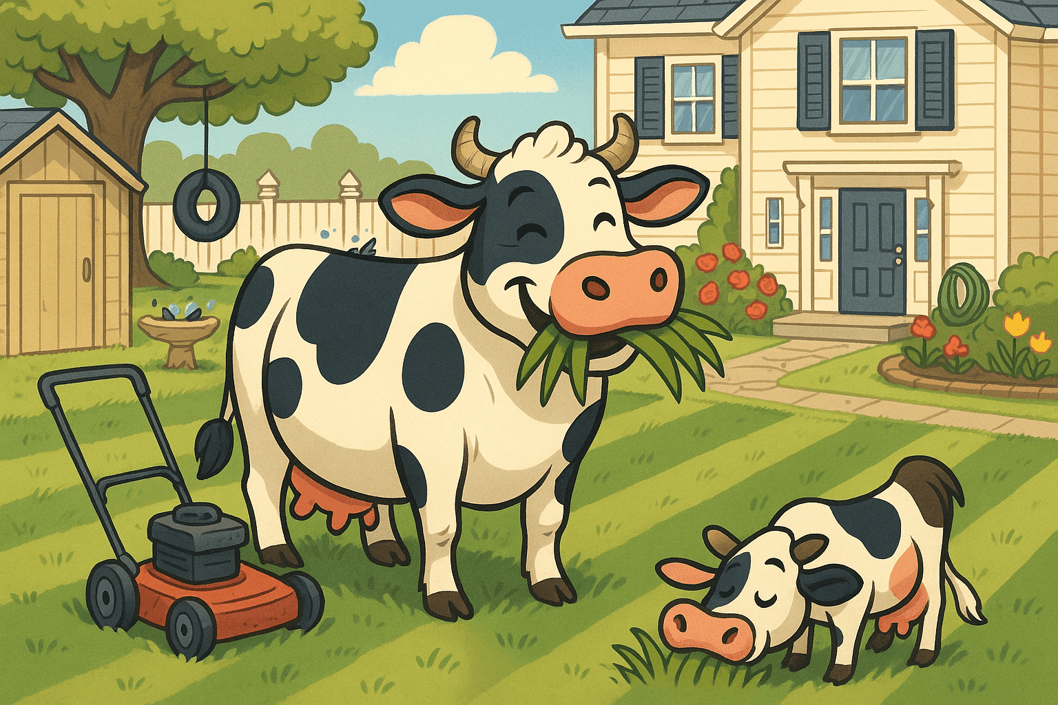 Cartoon illustration of a satisfied cow munching grass in a suburban backyard, leaving perfectly manicured lawn patterns behind it, push mower sitting unused nearby, white picket fence and house in background in cream, dark blue-gray, sage green, yellow, and bright red colors