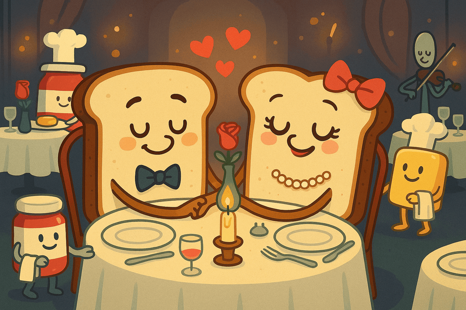 Two cartoon slices of bread on a romantic date with hearts floating around them at a cafe