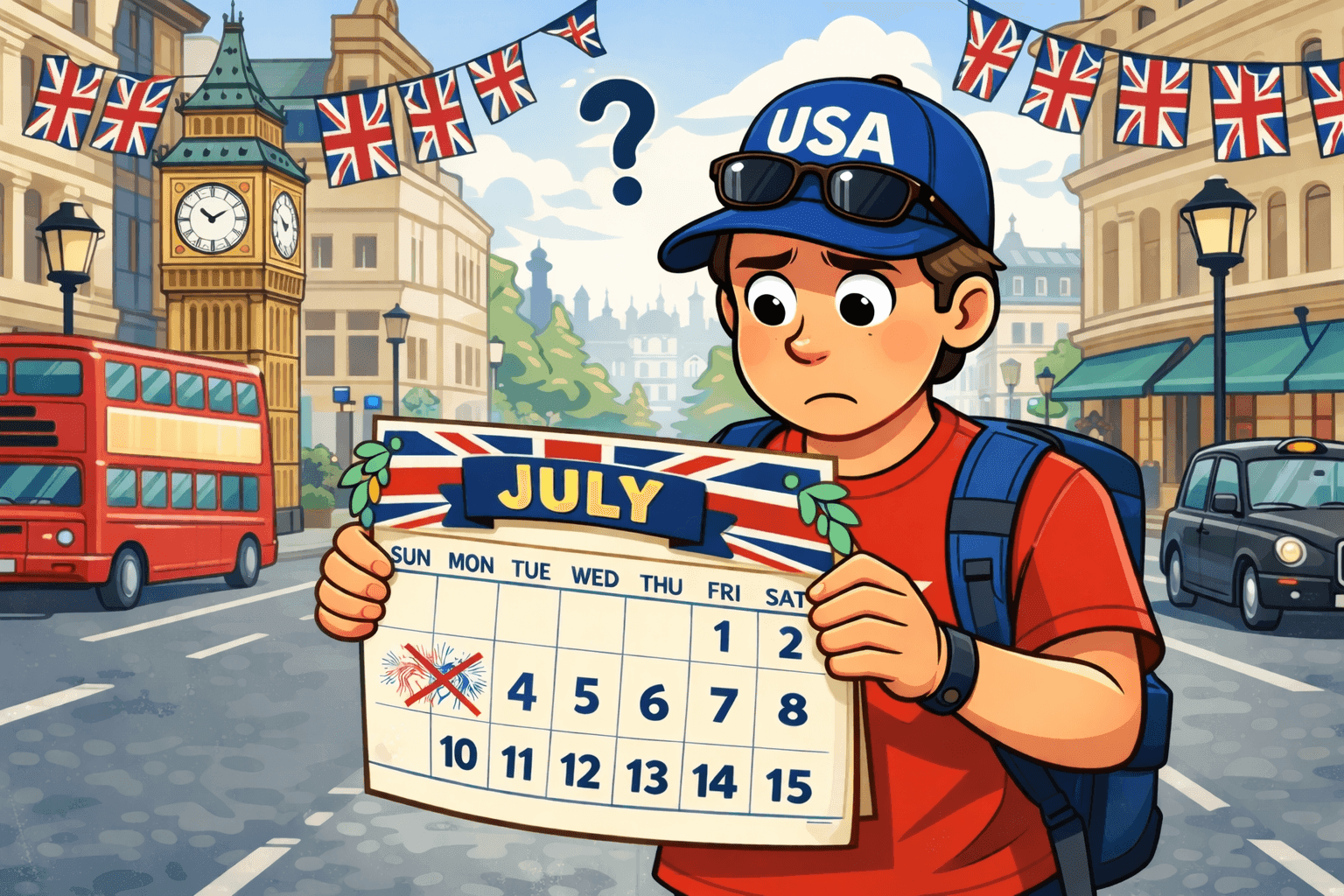 A cartoon British calendar showing all days of July including the 4th