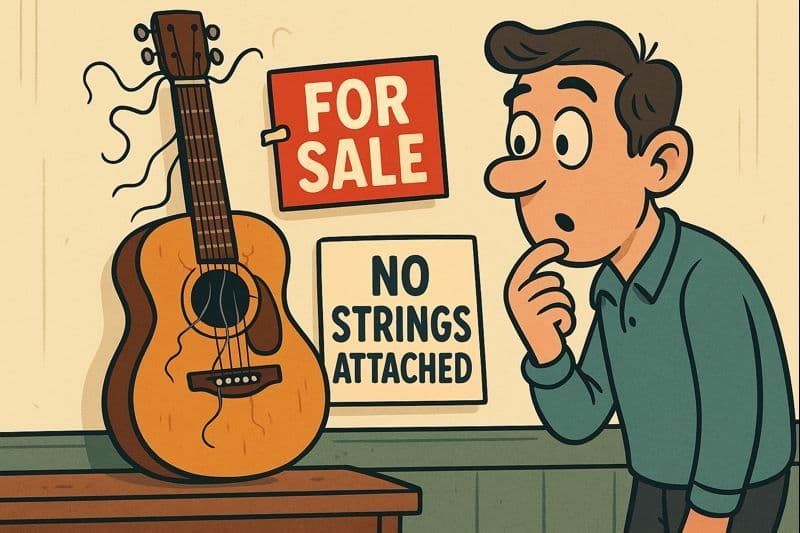 A cartoon broken guitar with missing strings and a for sale sign