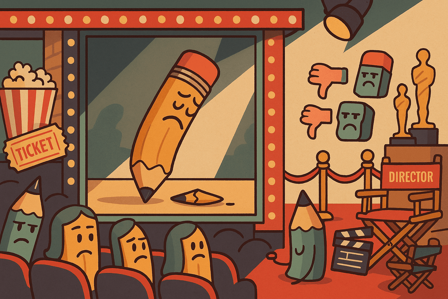 A cartoon broken pencil lying on a movie theater seat with a movie screen in the background
