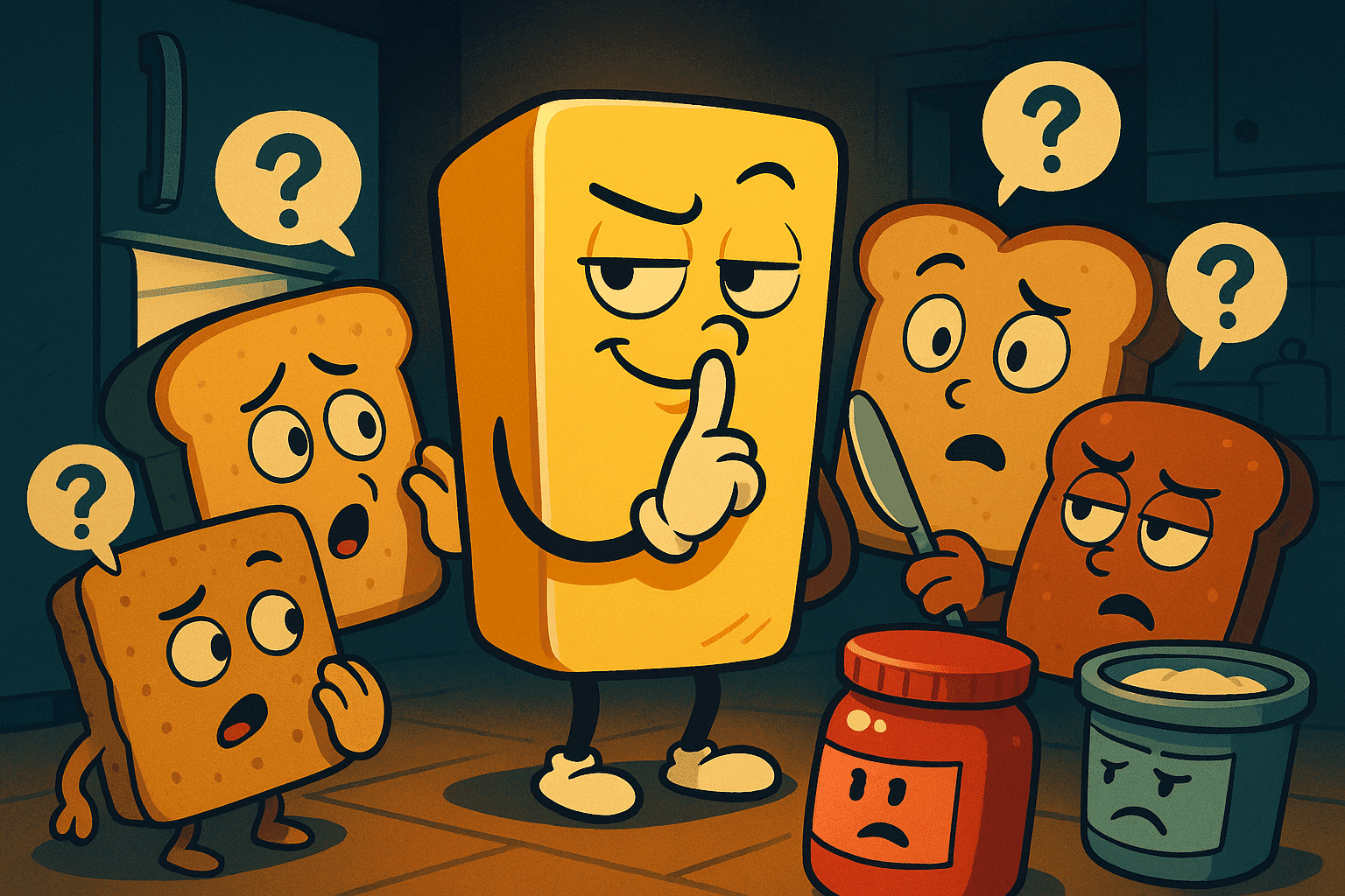 A cartoon stick of butter whispering secrets to another piece of butter with gossip bubbles