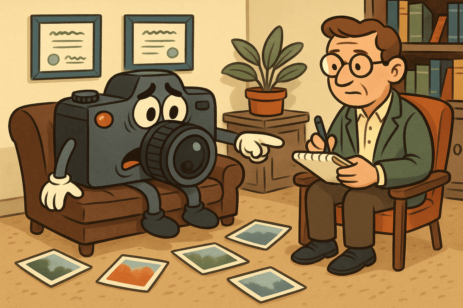A cartoon camera with worried eyes sitting on a therapist's couch looking distressed, while a friendly therapist with notepad listens, with blurry photos scattered around showing the camera's focus problems