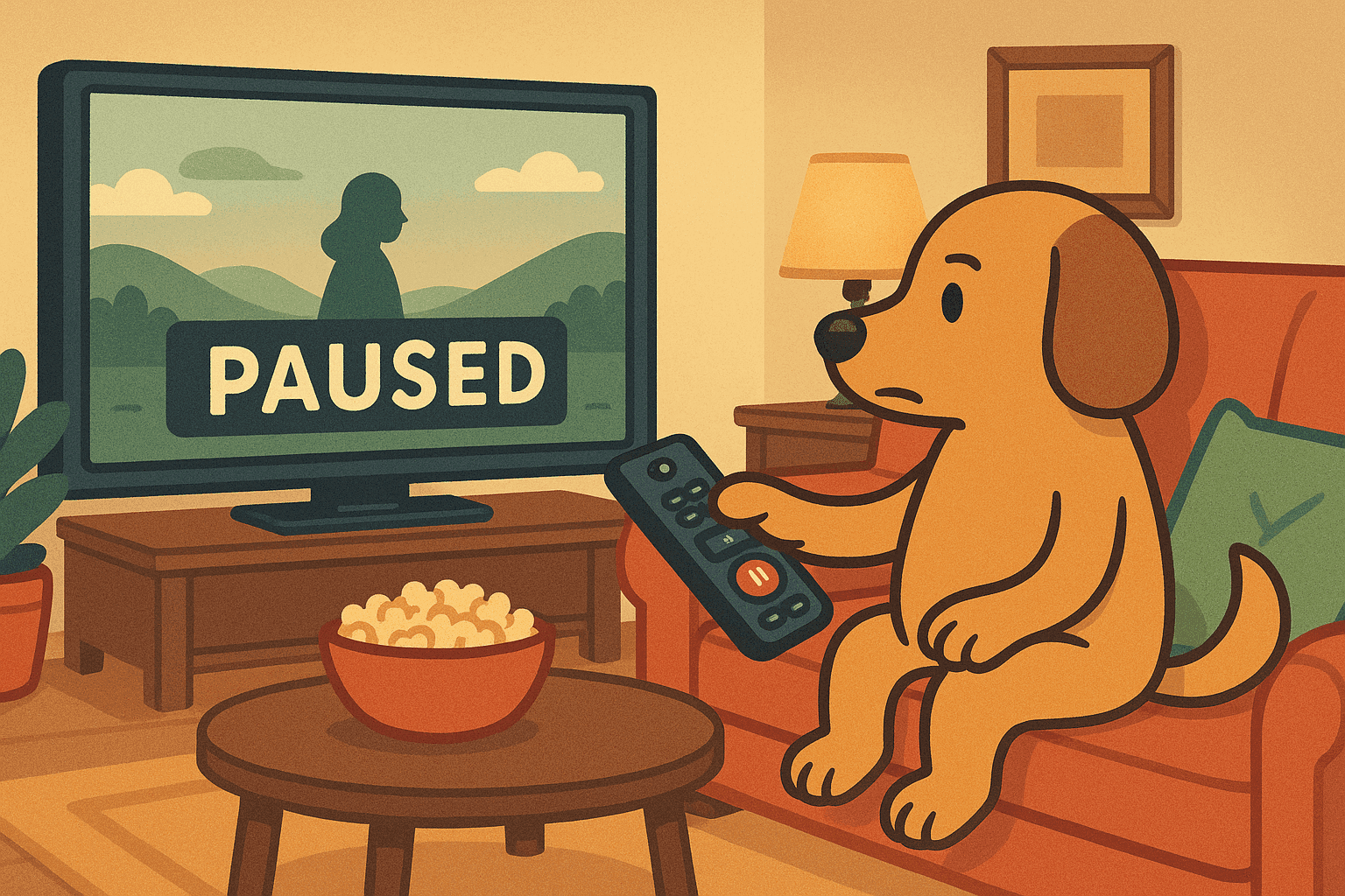 A cartoon dog sitting on a couch with a remote control, pressing the pause button with its paw while watching a movie on TV, creating a visual pun about paws and pause