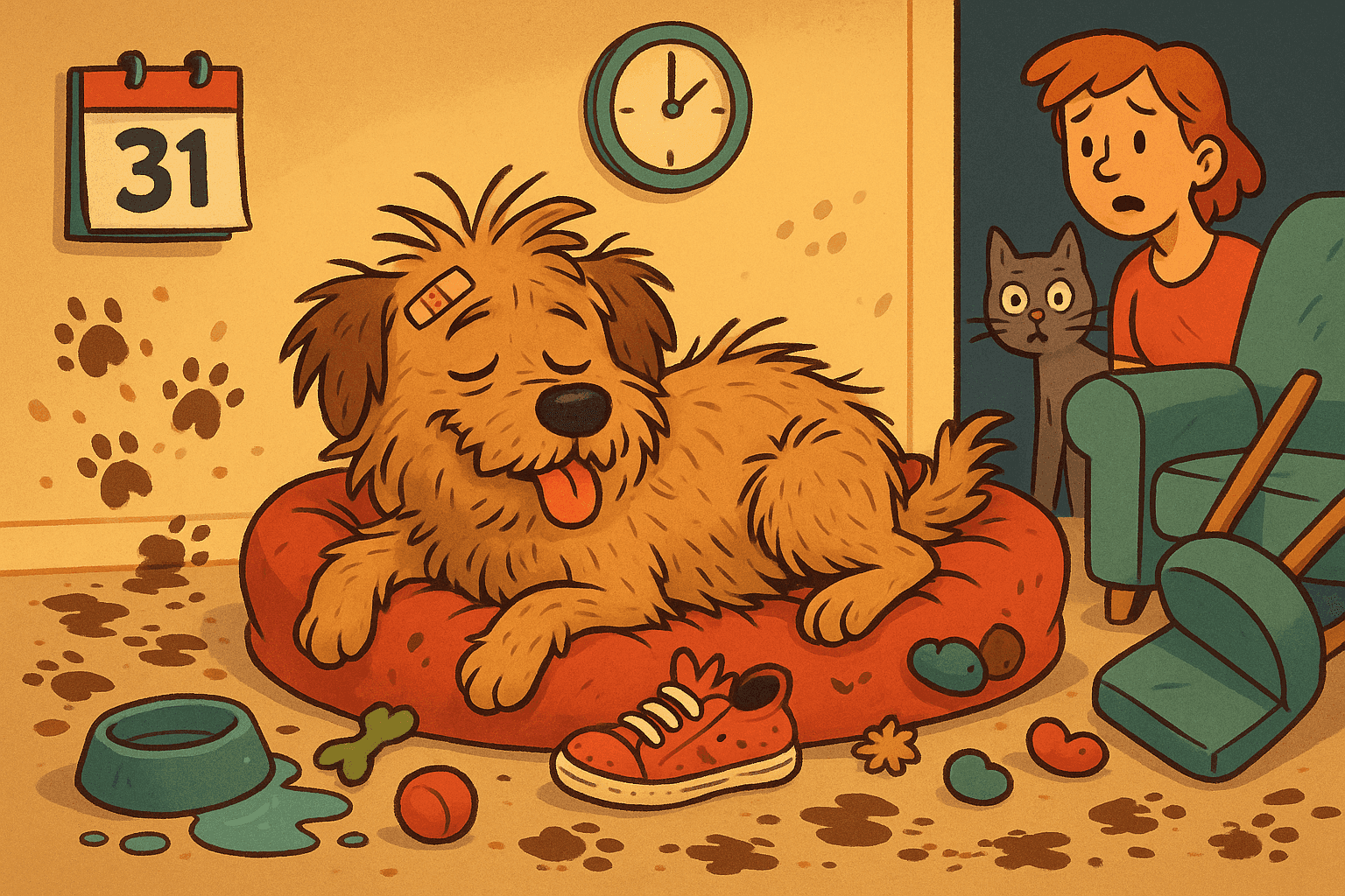 A cartoon dog looking tired and disheveled after a long day, sitting on a porch