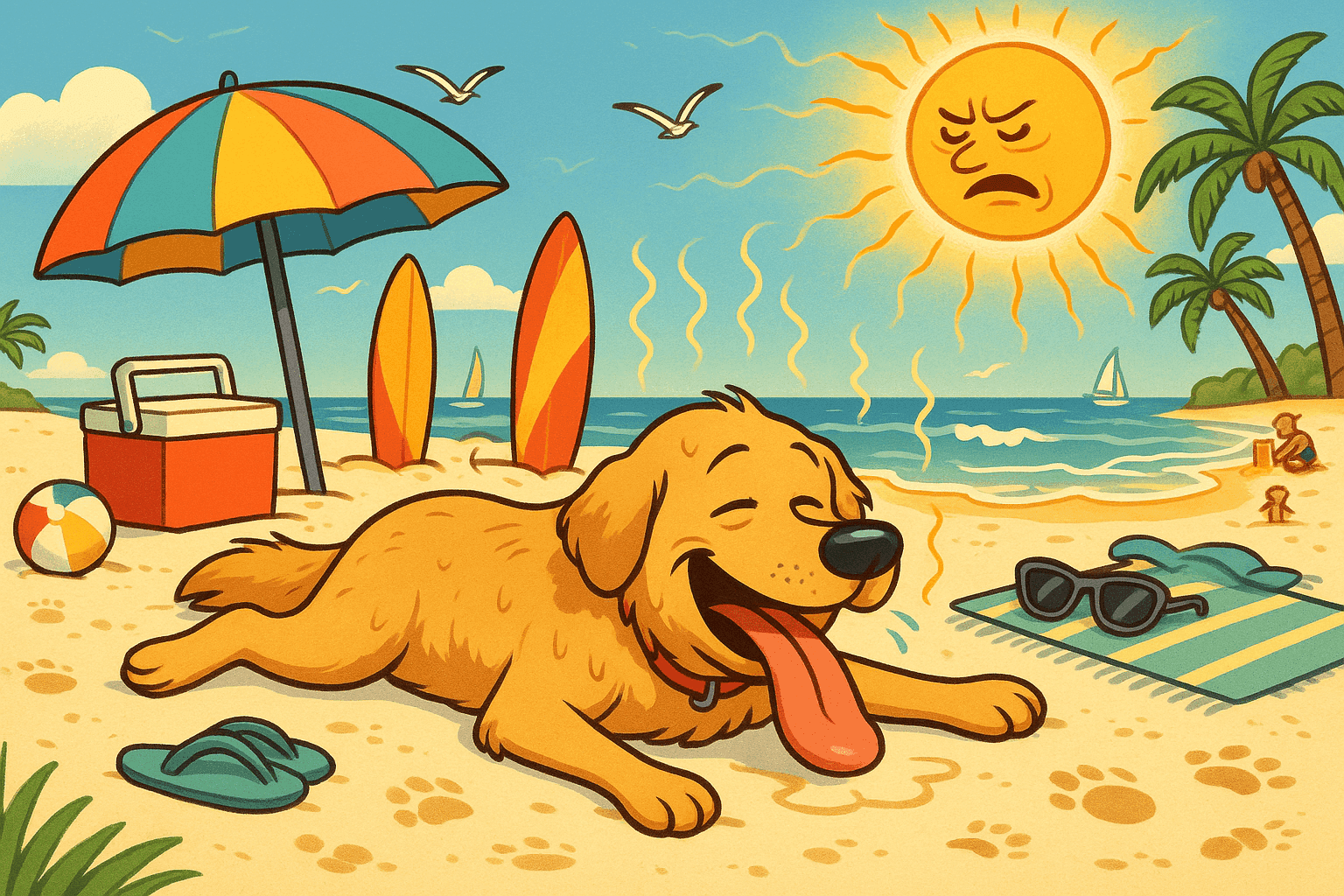 Cartoon illustration of a panting dog lying on hot sandy beach with tongue out, sun blazing overhead, beach umbrella, cooler, and surfboard nearby, tropical seaside setting with waves in cream, dark blue-gray, sage green, yellow, and bright red colors