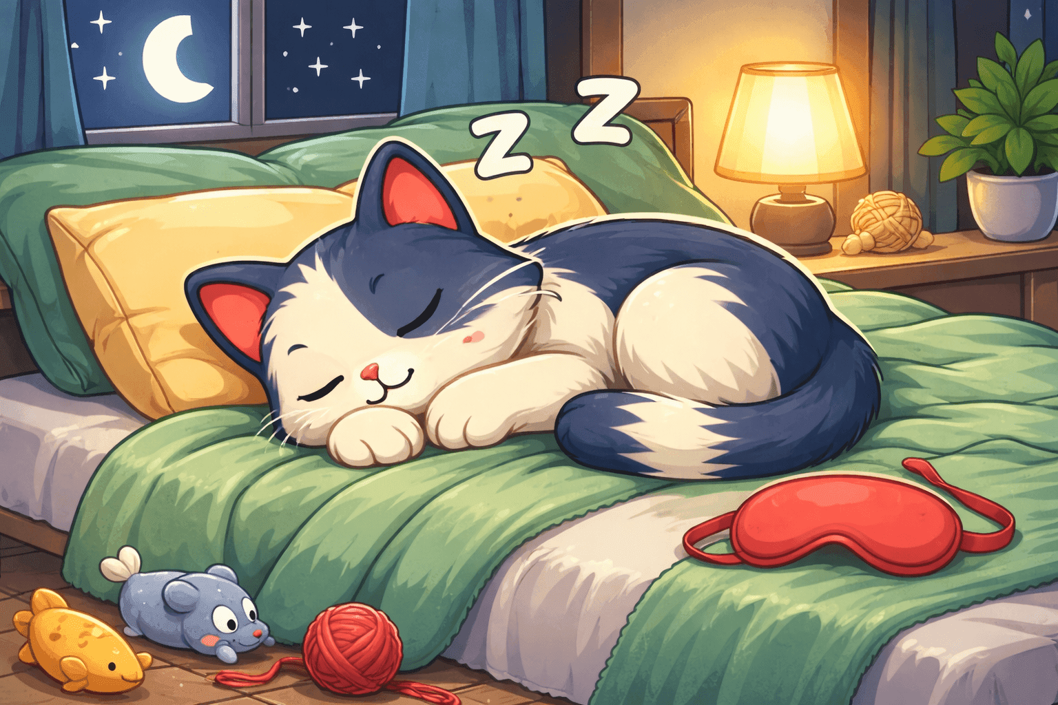 A cartoon cat curled up sleeping in a cozy bed