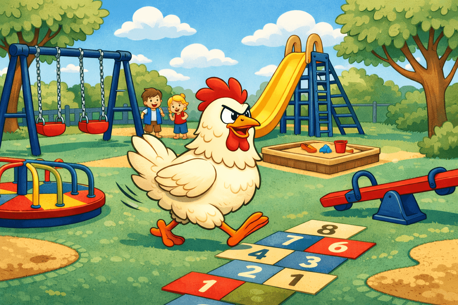 A cartoon chicken crossing a playground heading toward a slide