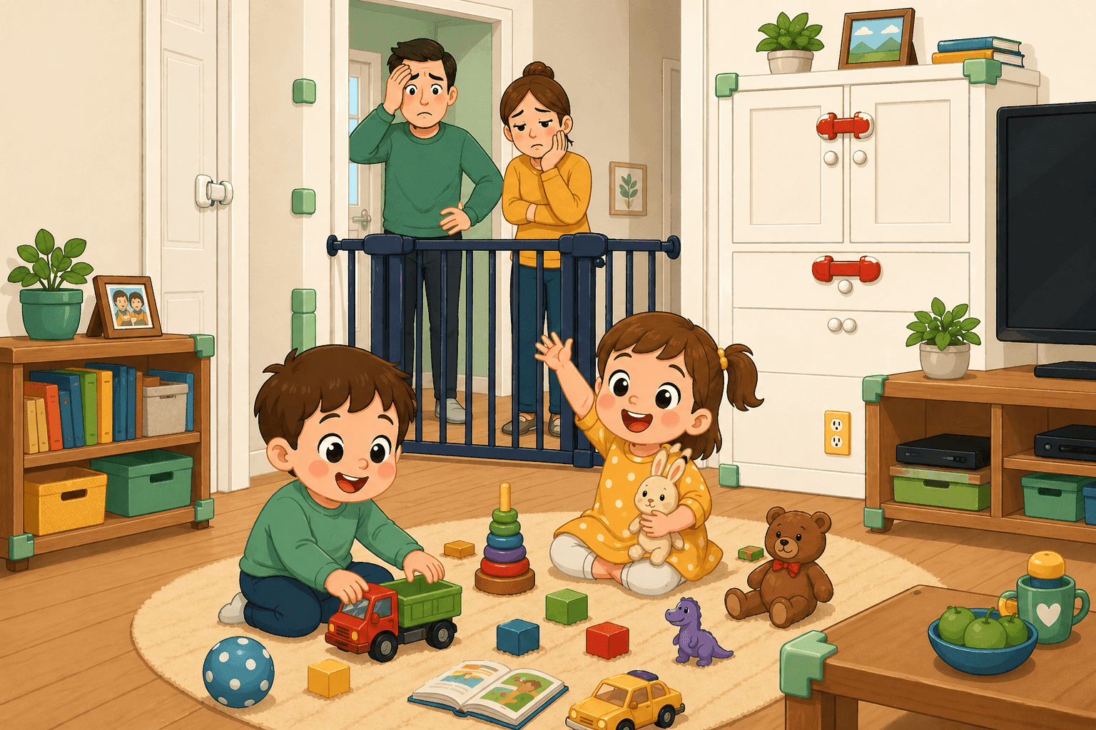 A cartoon home with various safety locks and children playing inside