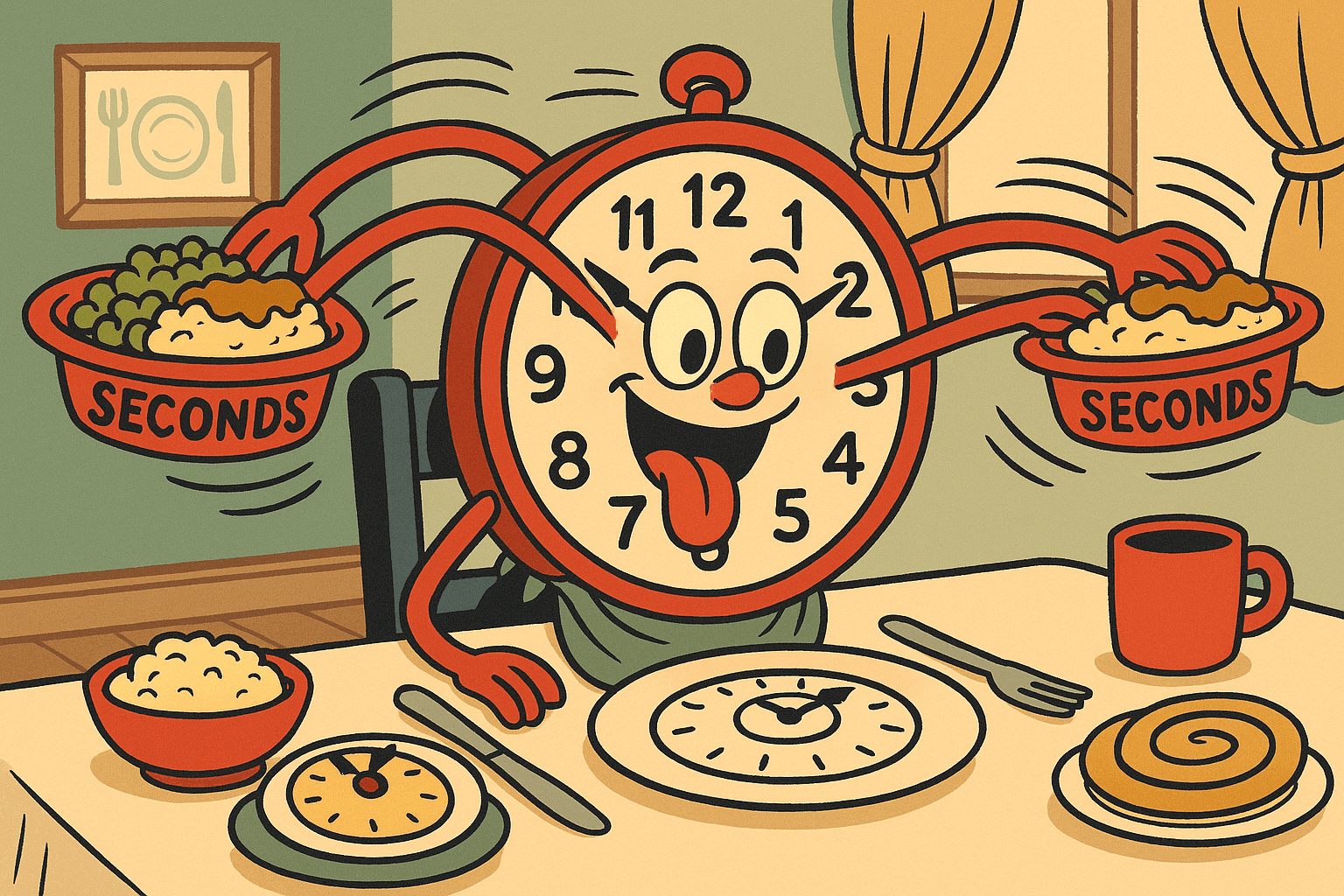 A cartoon clock with a hungry expression sitting at a dinner table with its hands literally reaching back to grab food labeled 'seconds' while other time-related foods are on the table