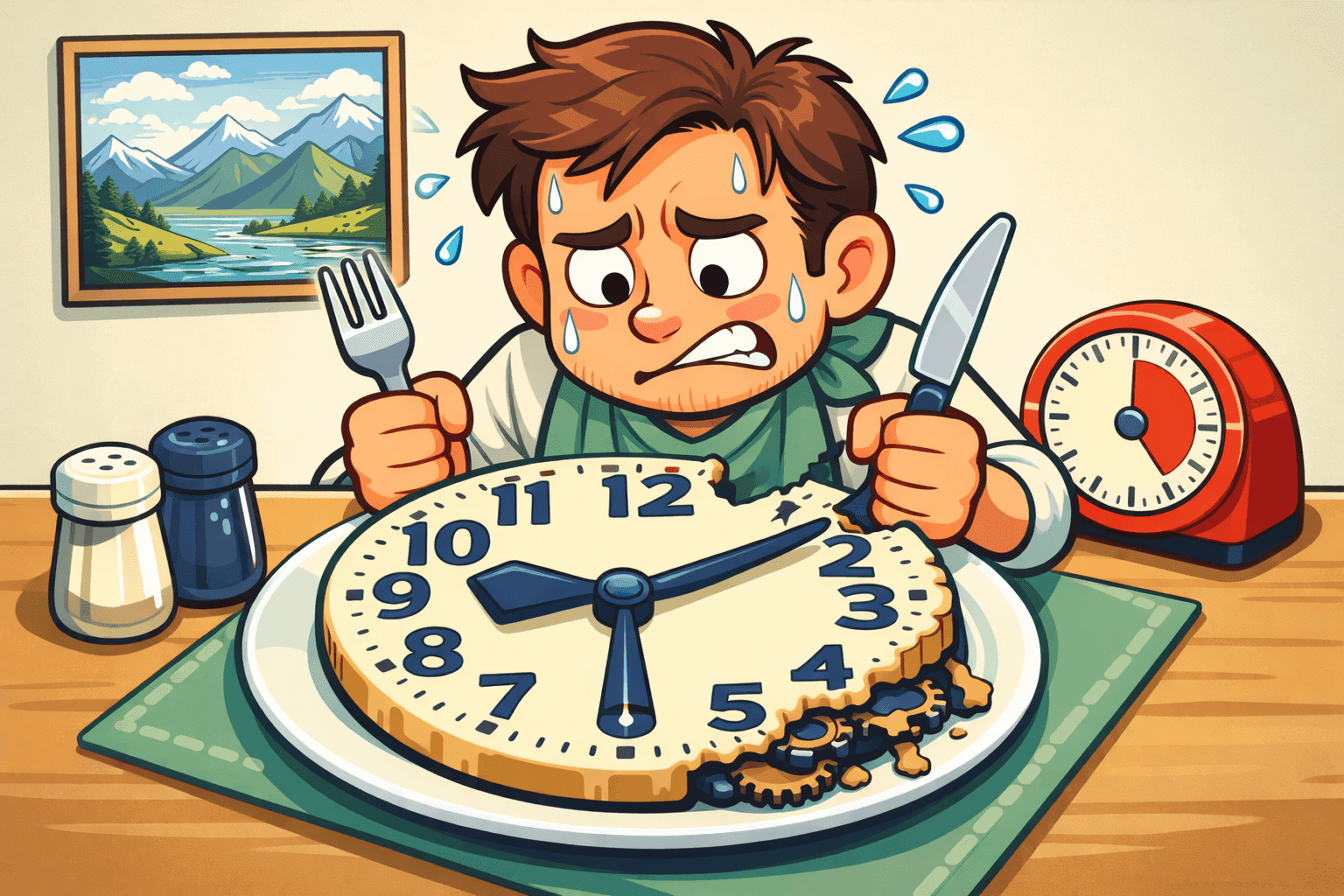 A cartoon person trying to eat a large clock with knife and fork looking frustrated