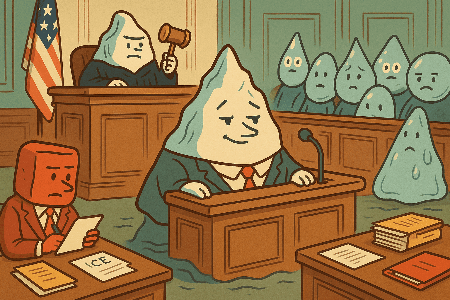 A cartoon iceberg in a courtroom witness stand, wearing glasses and looking serious while testifying