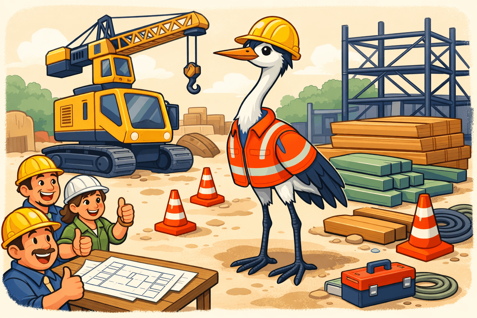 A cartoon crane bird wearing a hard hat operating construction equipment