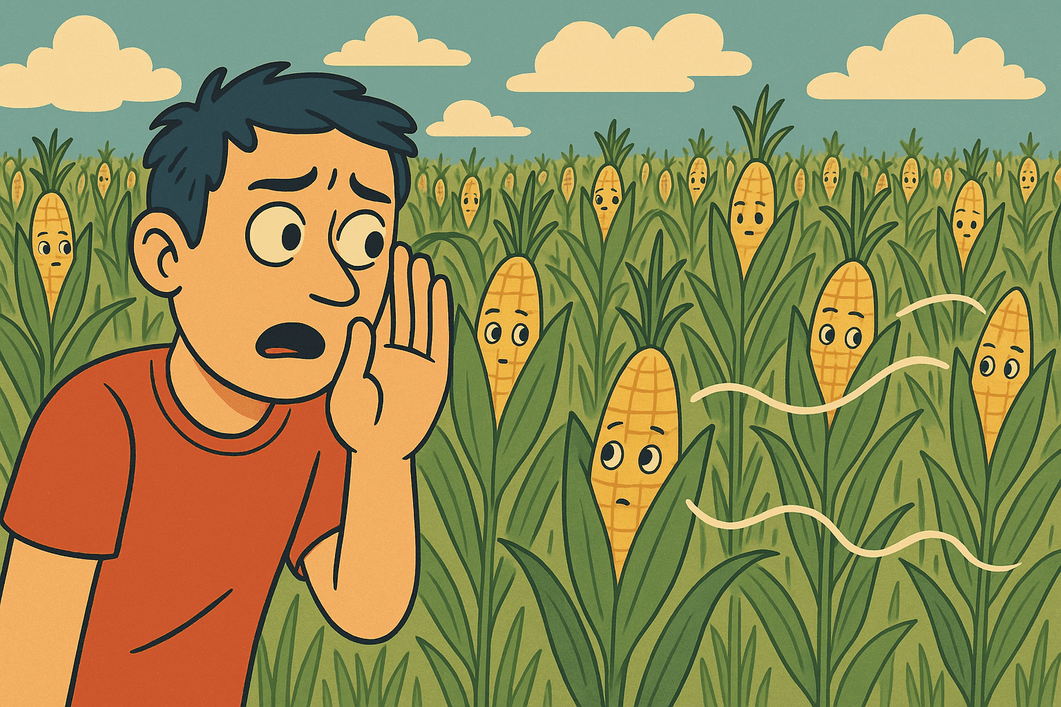 A cartoon person whispering a secret in a cornfield while corn stalks with visible ears lean in to listen, with speech bubbles showing the secret spreading from ear to ear across the field