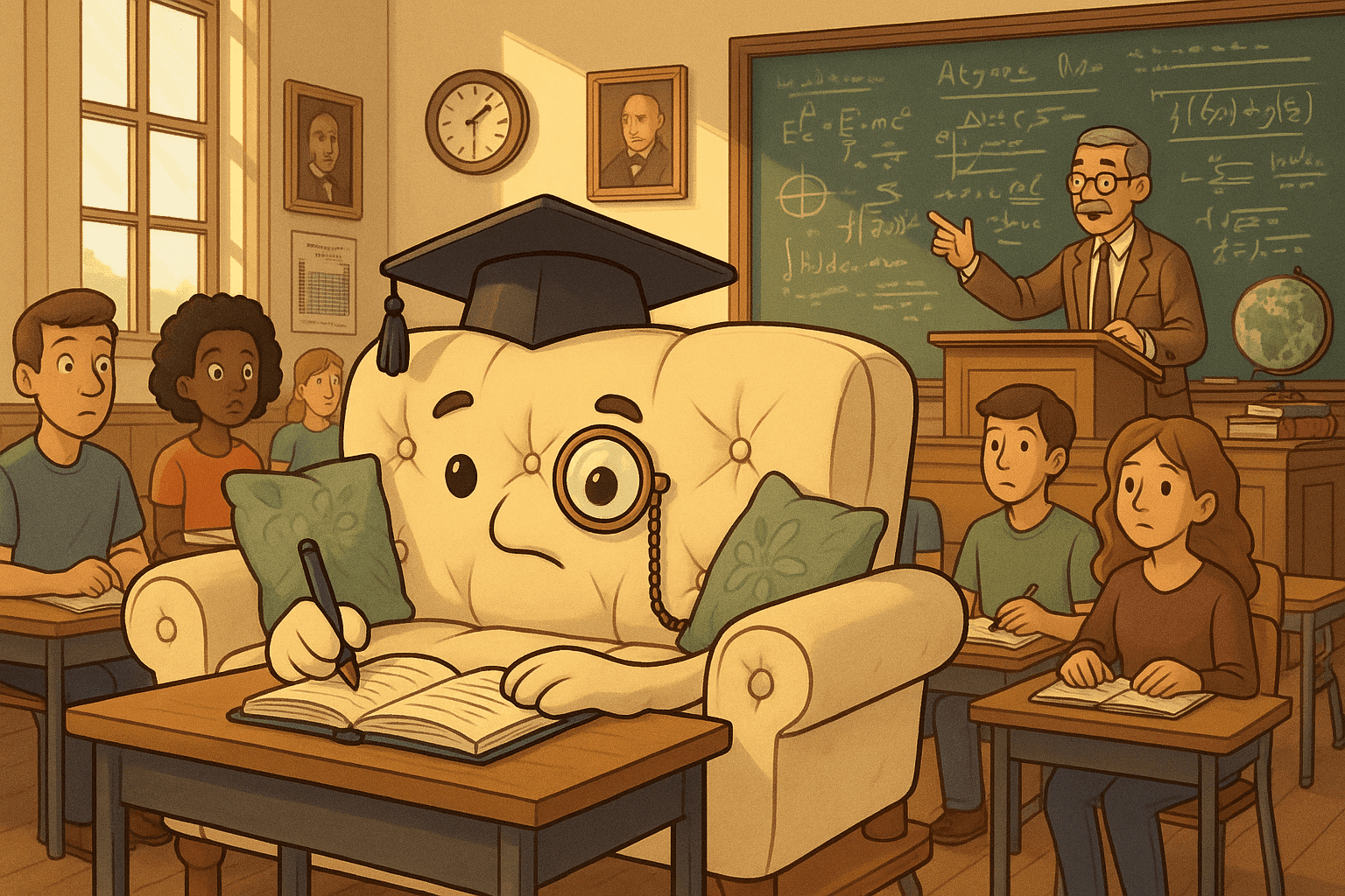Cartoon illustration of a personified couch wearing graduation cap and monocle sitting in college classroom, taking notes at desk, professor at blackboard, students around, academic university setting in cream, dark blue-gray, sage green, yellow, and bright red colors