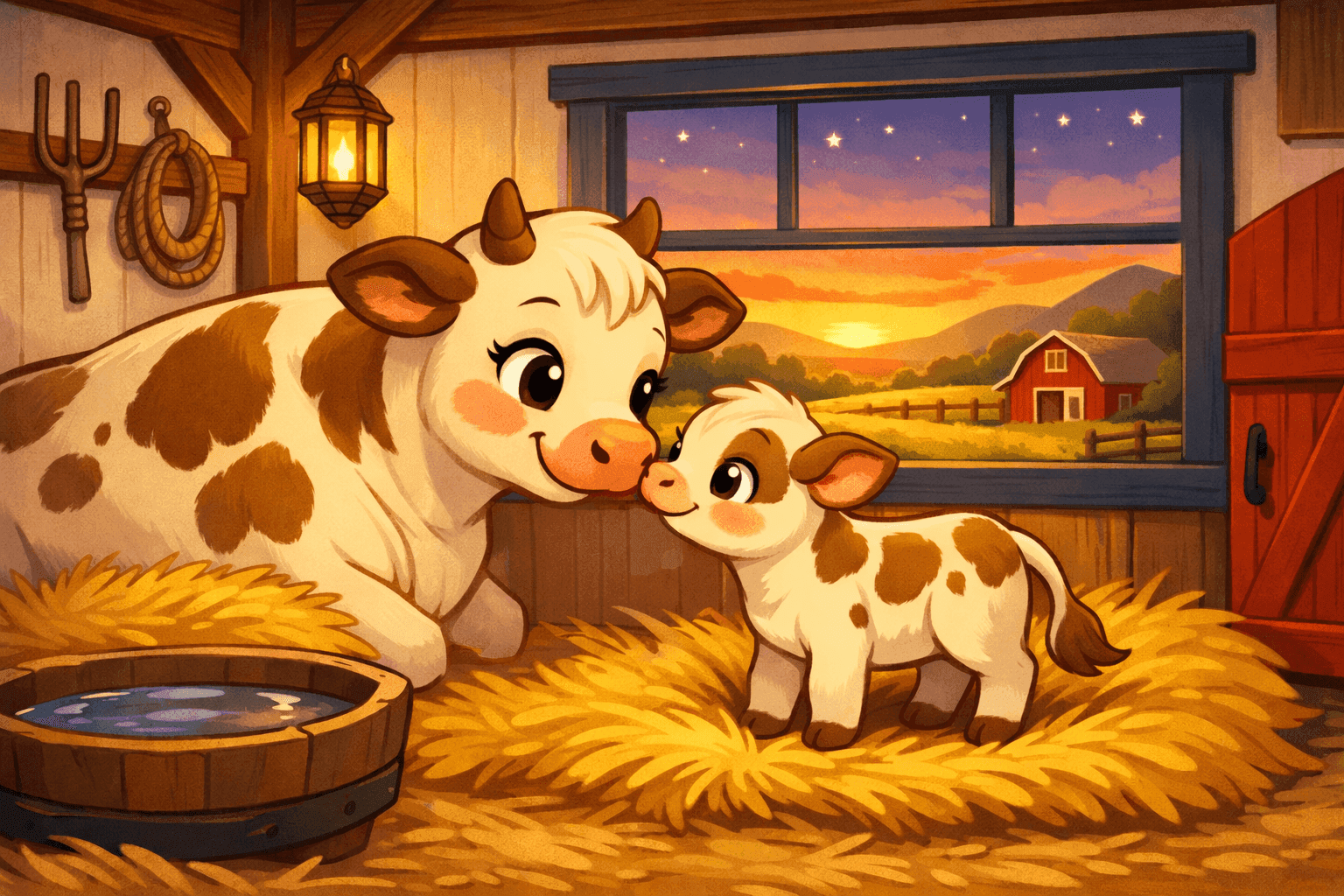A cartoon mama cow telling a baby cow it's bedtime in a barn with a sunset visible