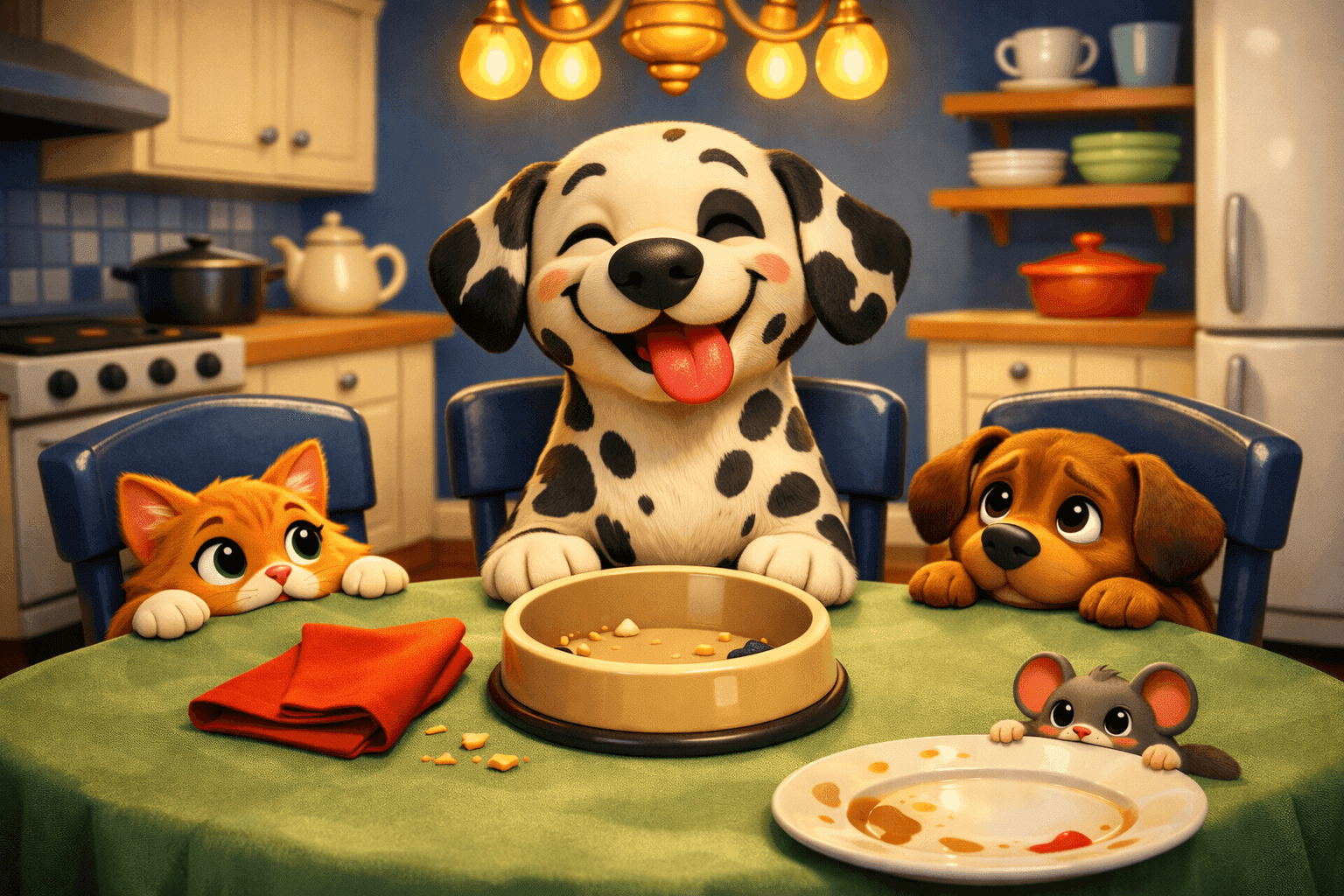 A cartoon Dalmatian dog sitting contentedly after finishing a meal