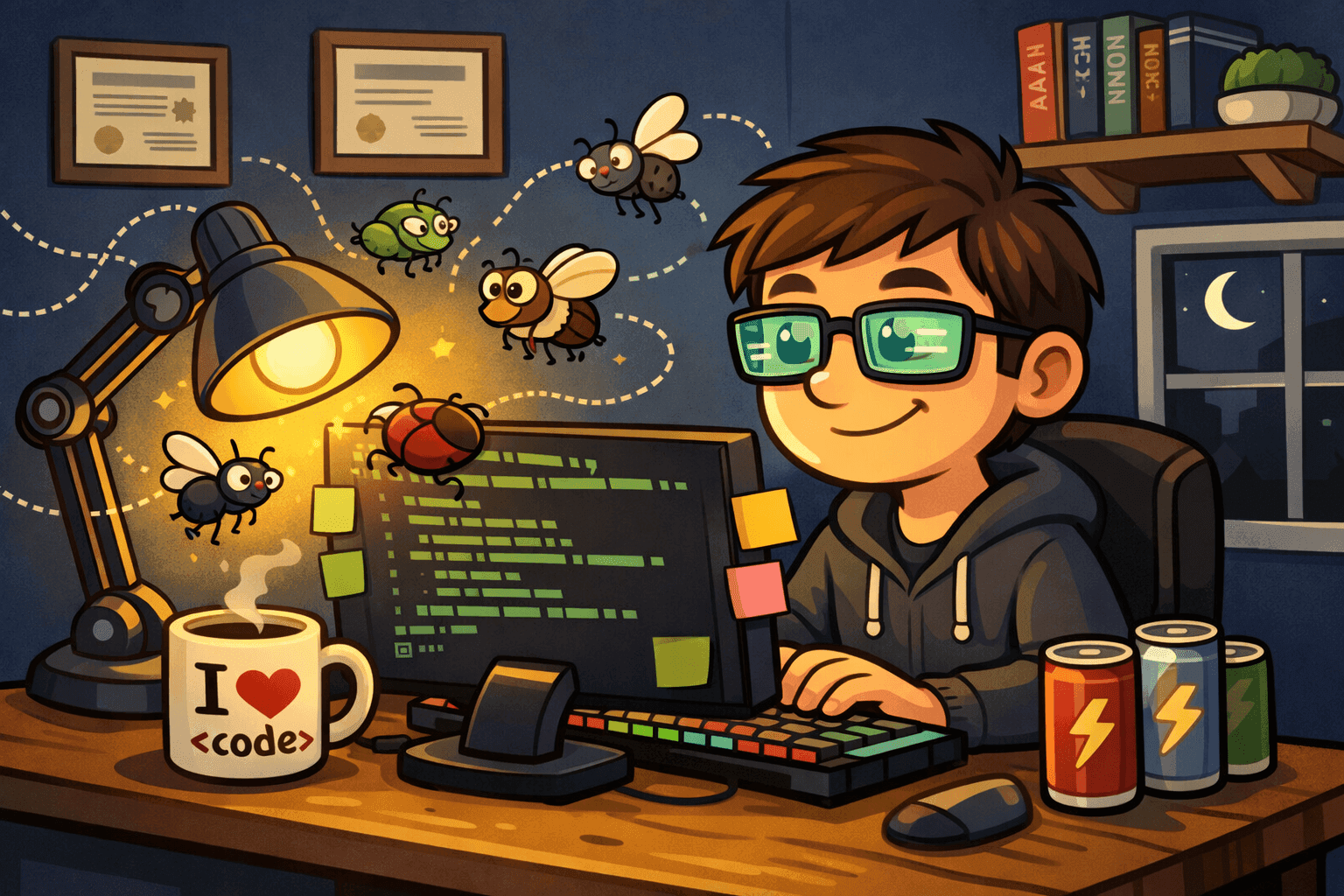 A cartoon programmer at a dark computer screen with bugs flying toward a bright light