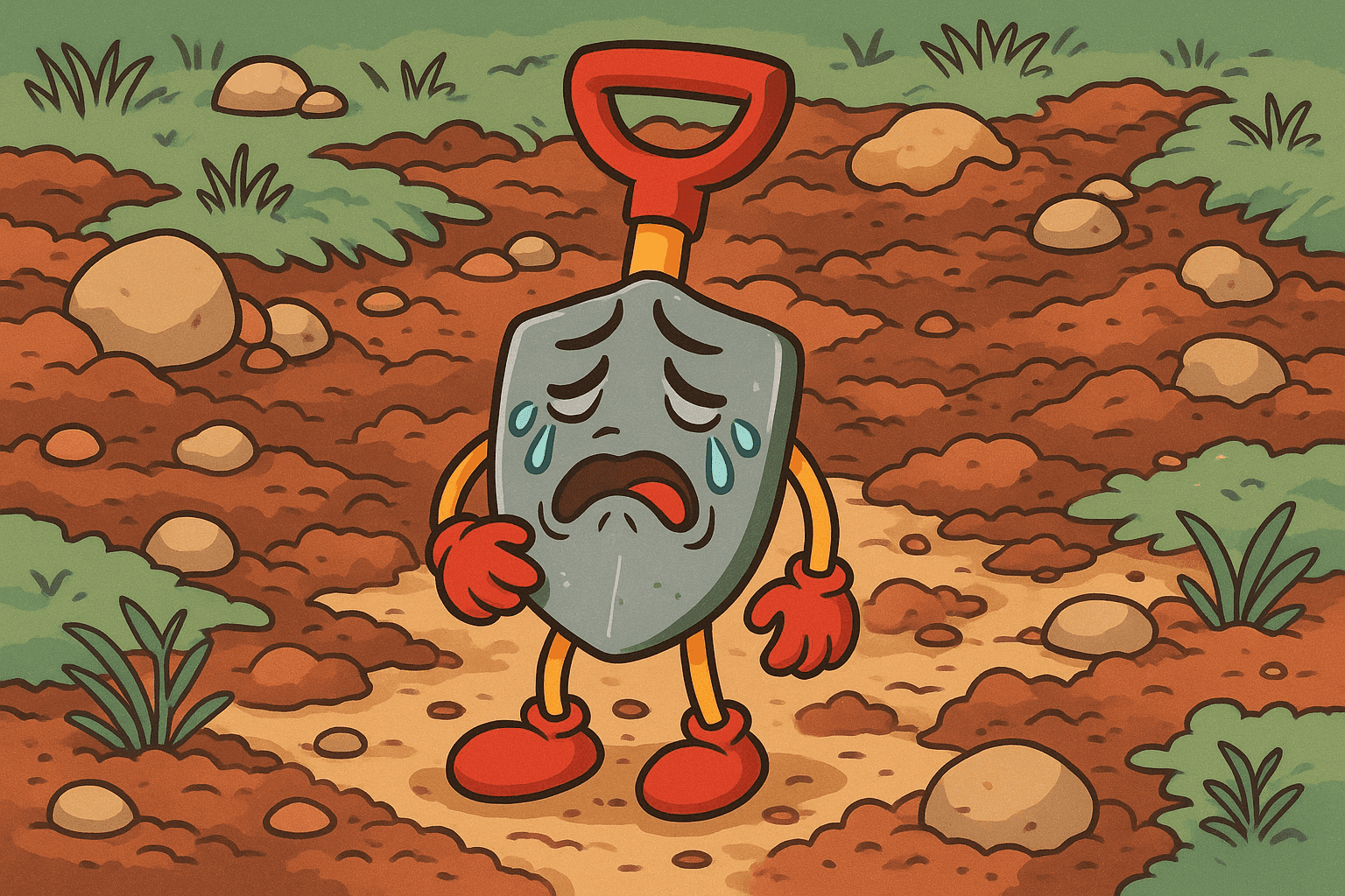 A humorous cartoon illustration of a sad shovel with arms, legs, and tears streaming down its face, standing in a garden with rough, rocky soil and patches of difficult terrain around it