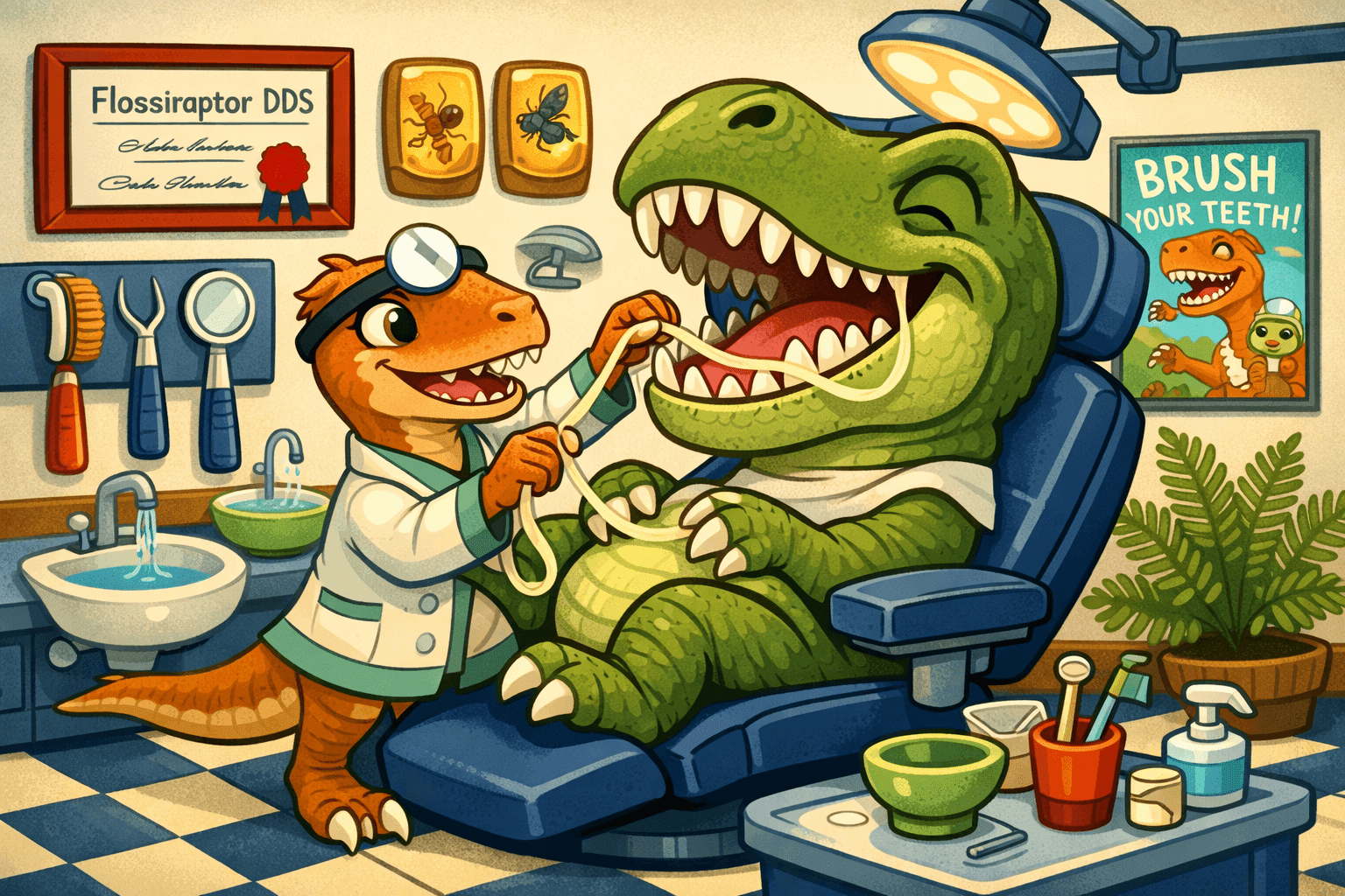 A cartoon dinosaur dentist holding dental floss and cleaning teeth