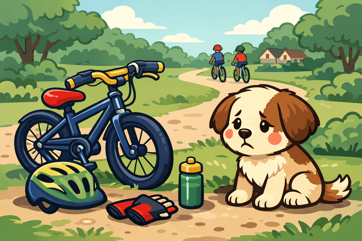 A cartoon dog looking disappointed with a bicycle nearby