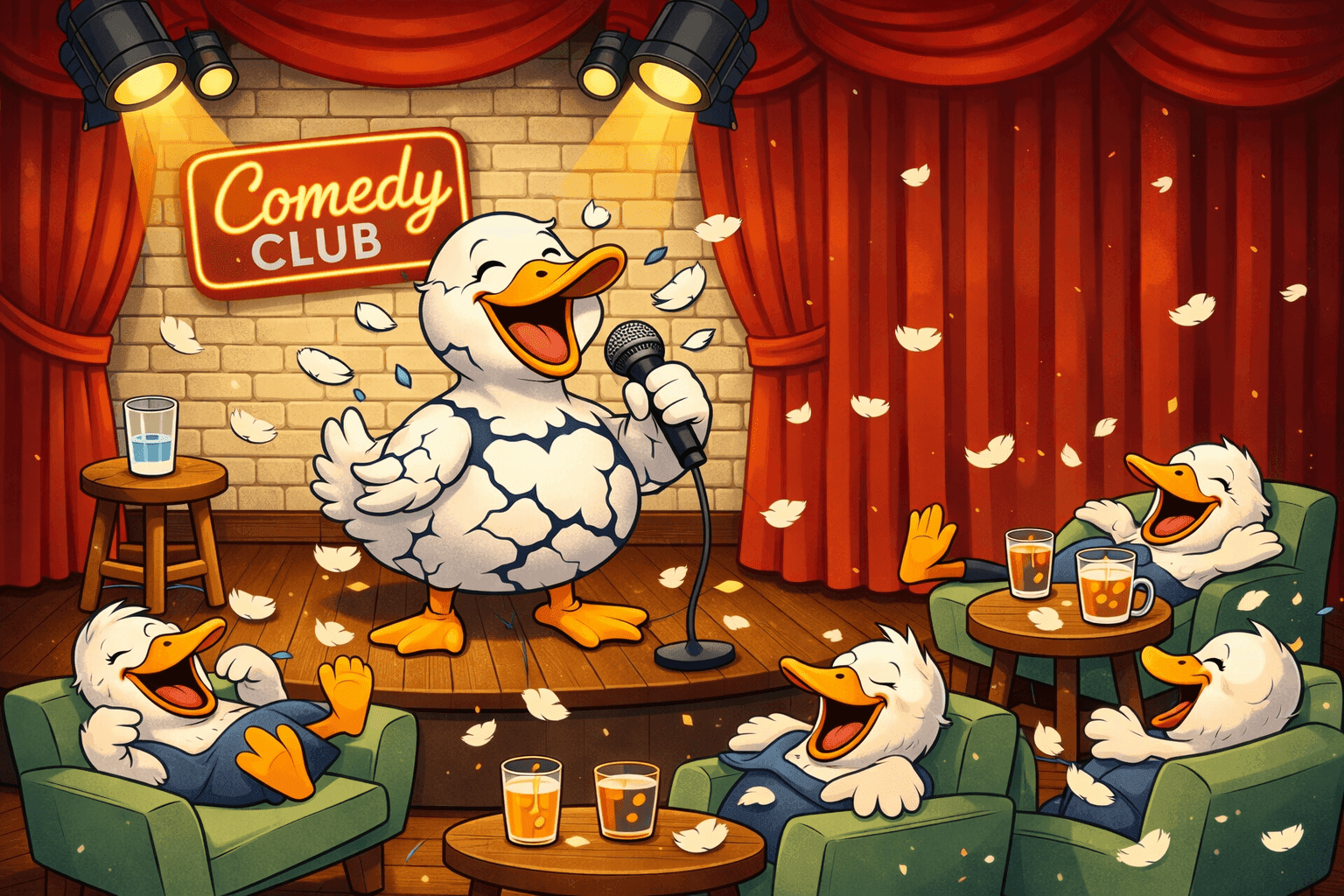 A cartoon duck laughing so hard it's literally cracking apart at a comedy club