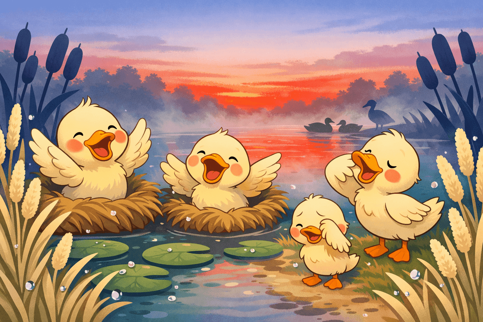 Cartoon ducks waking up in the early morning near a pond