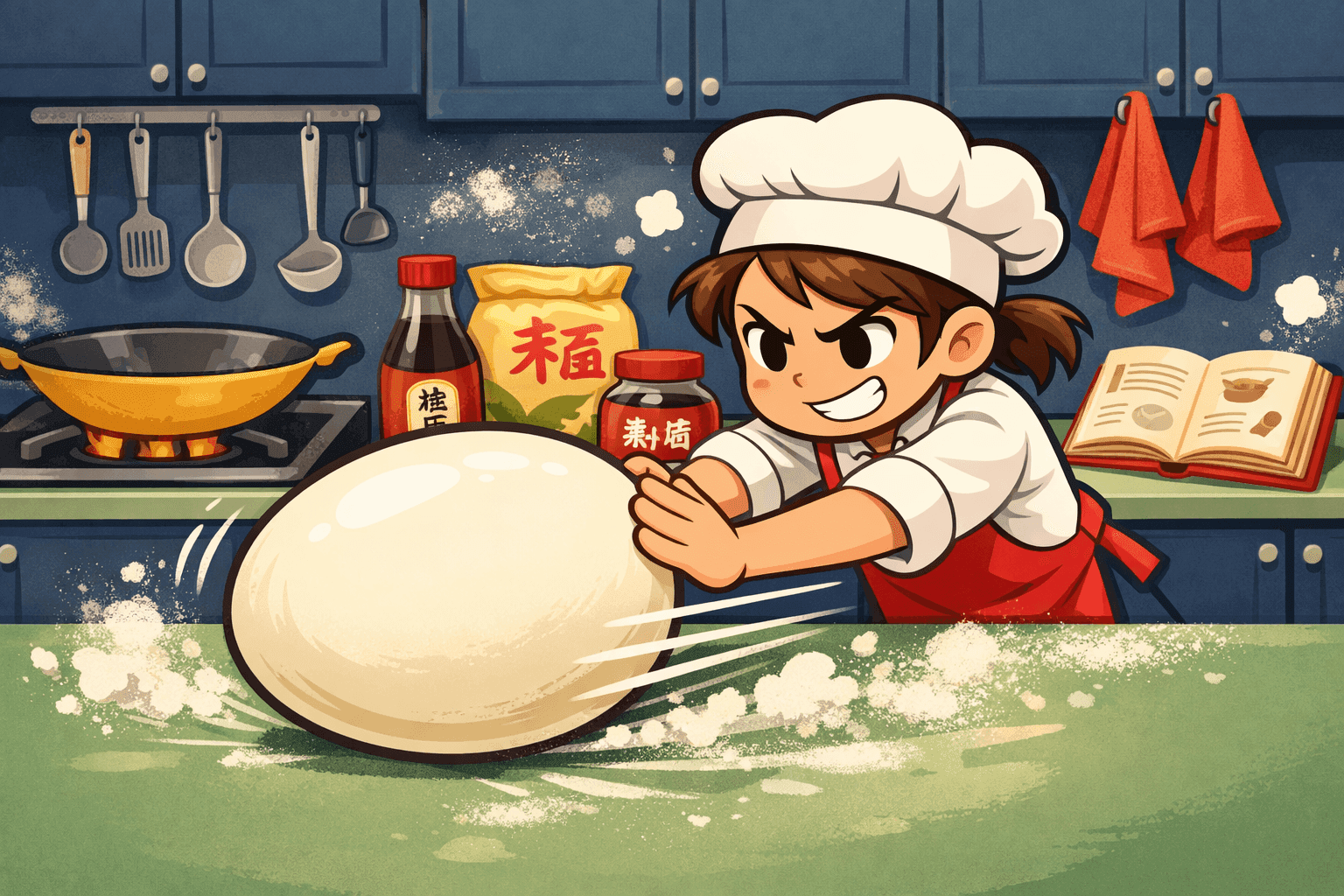 A cartoon person pushing a literal egg making it roll across a counter