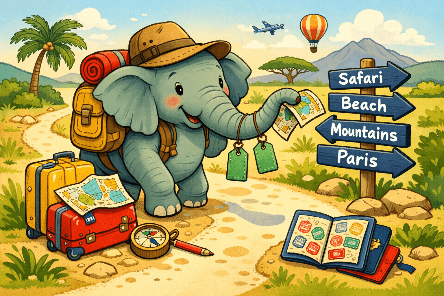 A cartoon elephant on a journey carrying luggage
